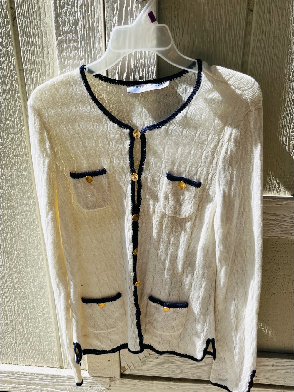 Trina Turk Cream Knit Cardigan with Navy Trim and Gold Buttons